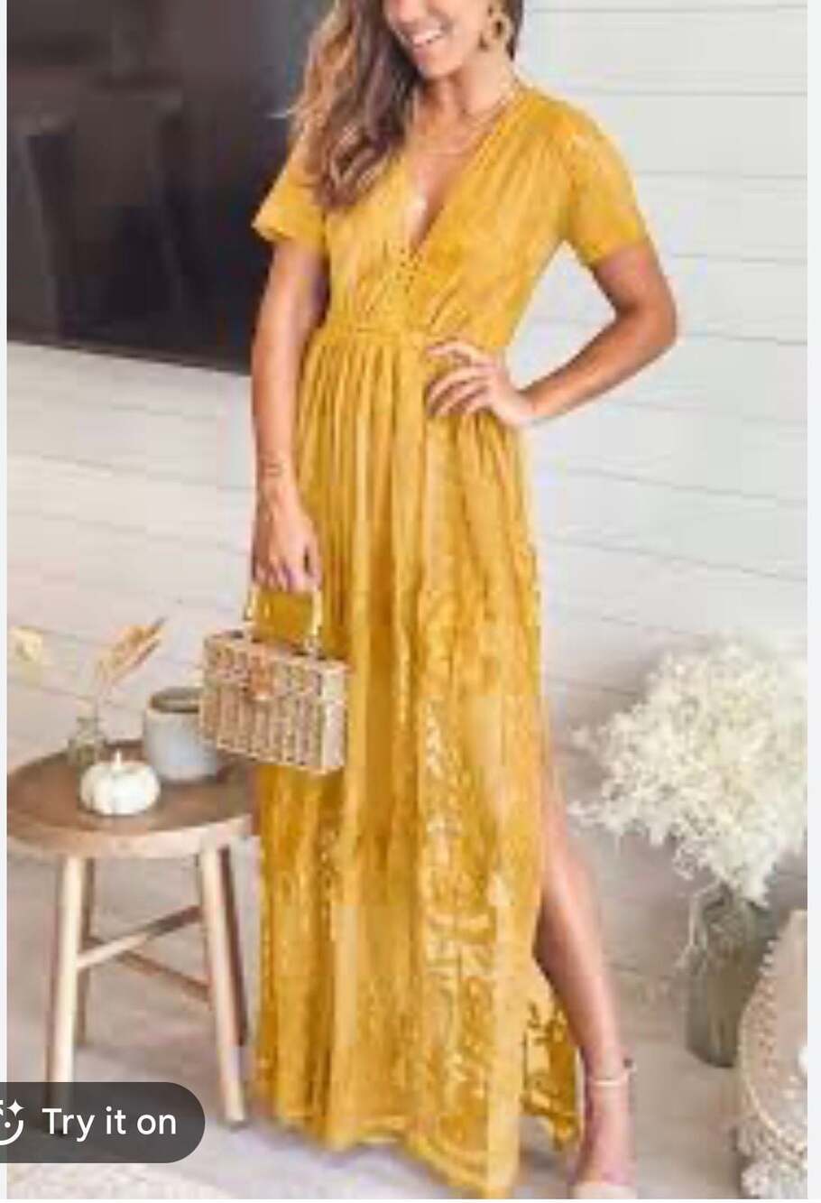 Dress Day Women's Mustard Yellow Floral Lace V-Neck Boho Maxi Dress